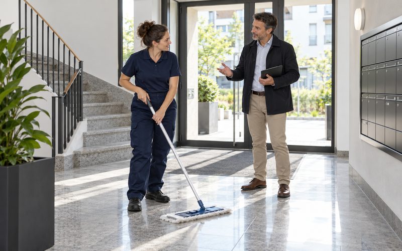 Apartman girişini temizleyen görevliyle hizmeti görüşen yönetici