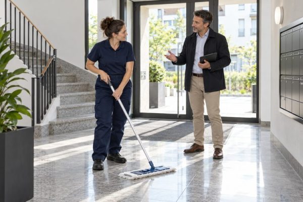 Apartman girişini temizleyen görevliyle hizmeti görüşen yönetici