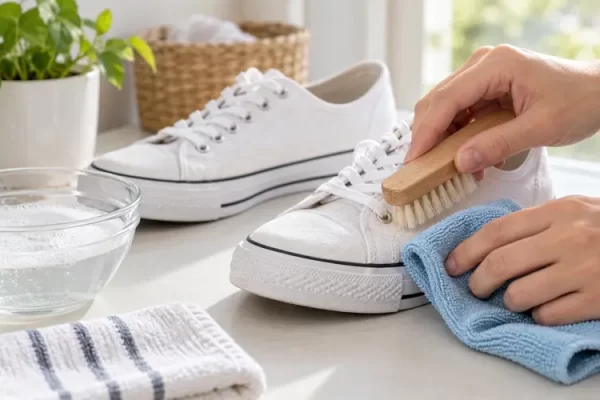 Yumuşak fırçayla temizlenen beyaz ayakkabı