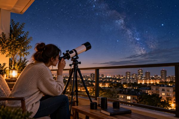 Balkonda teleskopla gökyüzünü gözlemleyen kişi