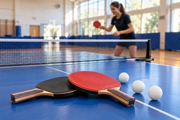 Masa tenisi masasında raketler, toplar ve antrenman yapan sporcu