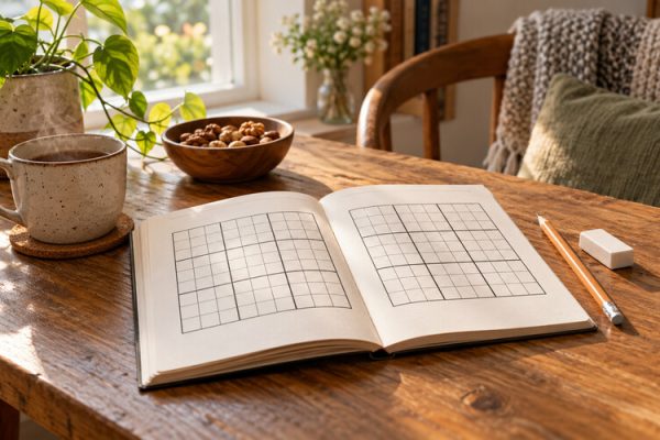 Sudoku çözmeye başlamak için bulmaca kitabı ve kalem