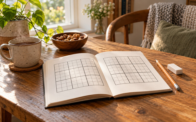 Sudoku çözmeye başlamak için bulmaca kitabı ve kalem