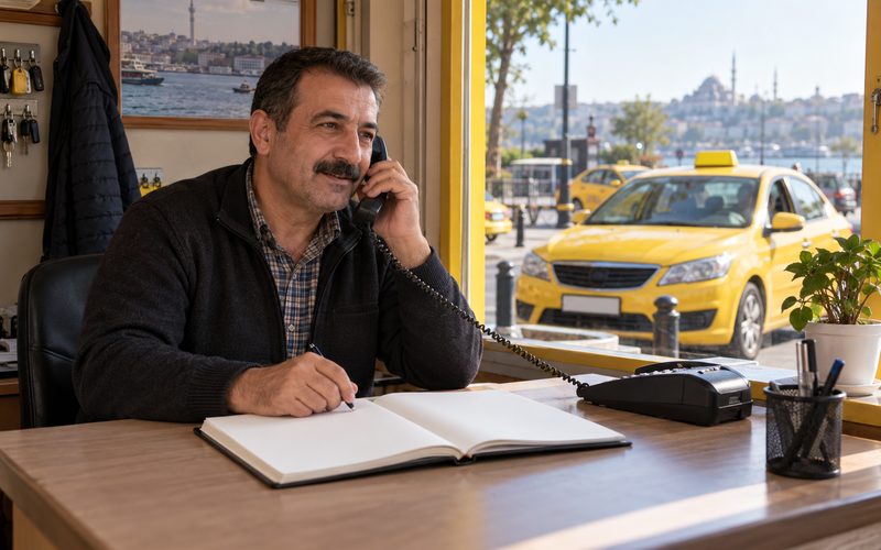 Taksi durağı ofisinde telefonla yolcu sorularını yanıtlayan görevli